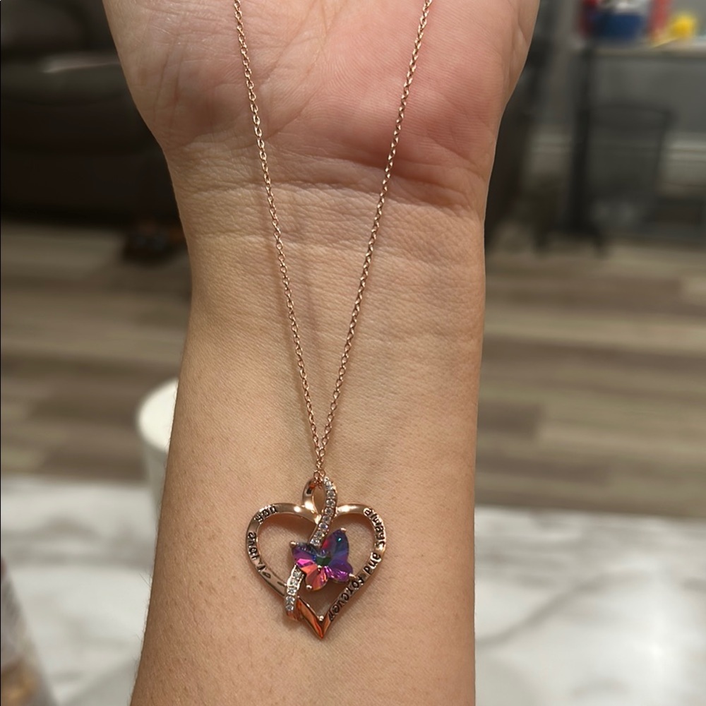 Gold and Purple Heart Necklace with Crystal Accents